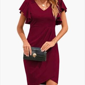 Elegant Burgundy Plus Size Flutter Sleeve Dress